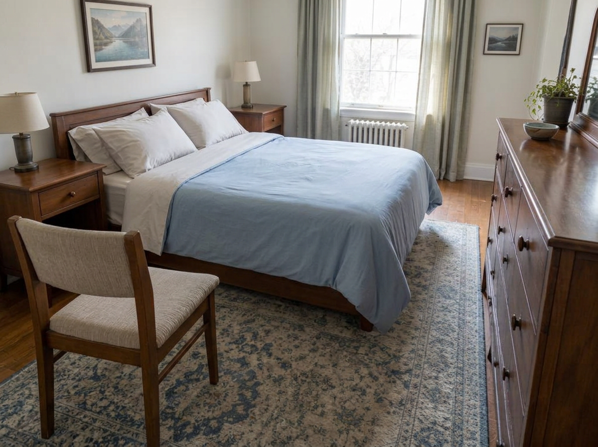 The same bedroom after cleaning, bed made and surfaces clear