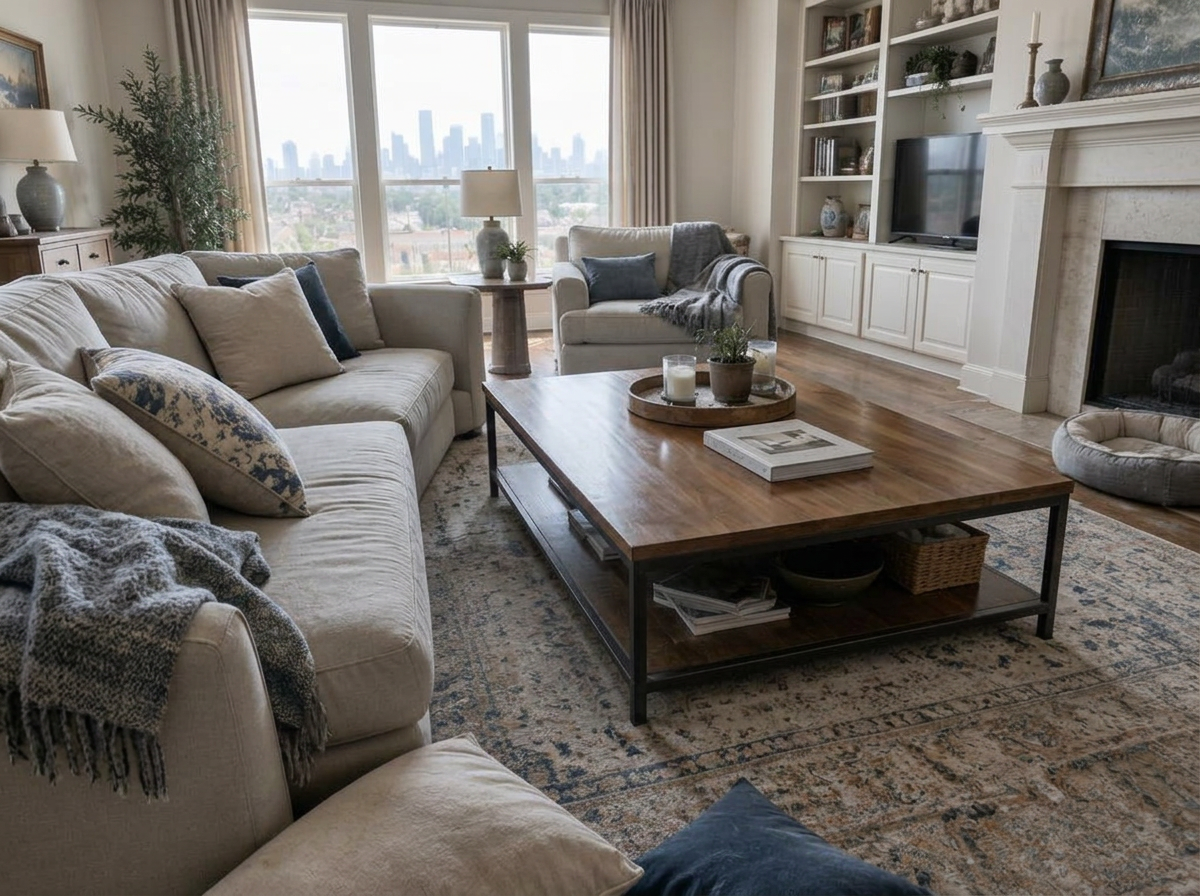 The same living room after cleaning, tidy and polished