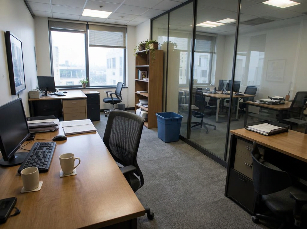The same office after cleaning, clear desks and spotless glass