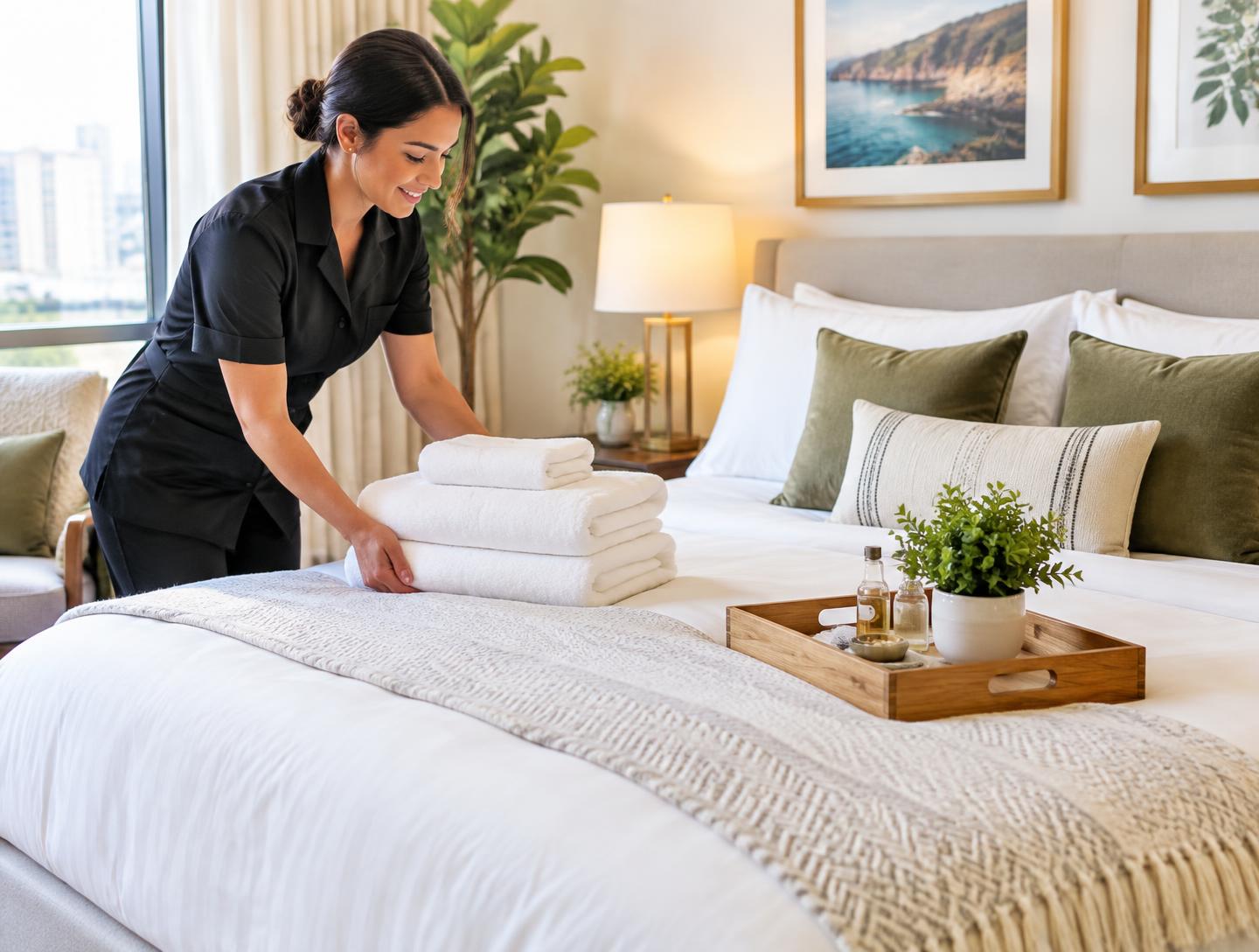 Professional cleaner placing fresh hotel-style linens and towels on an Airbnb bed