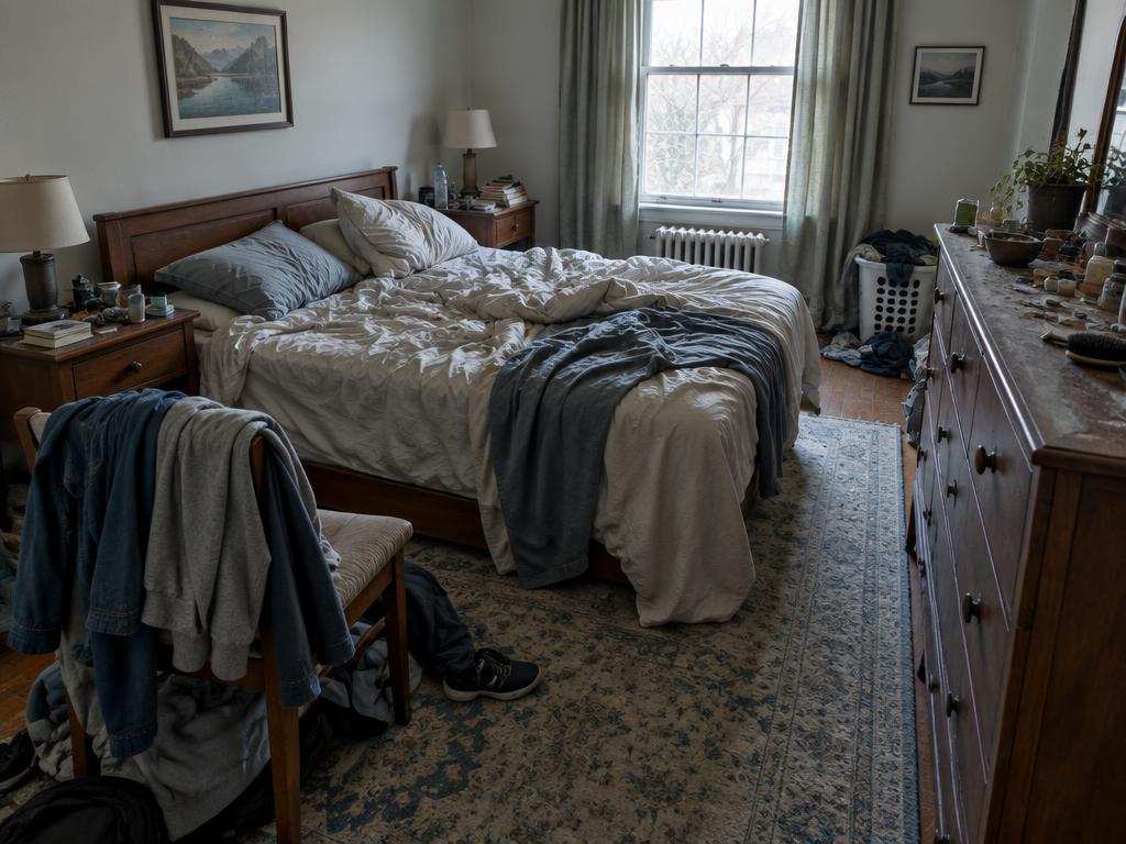 Bedroom before cleaning, unmade bed and clothes on furniture