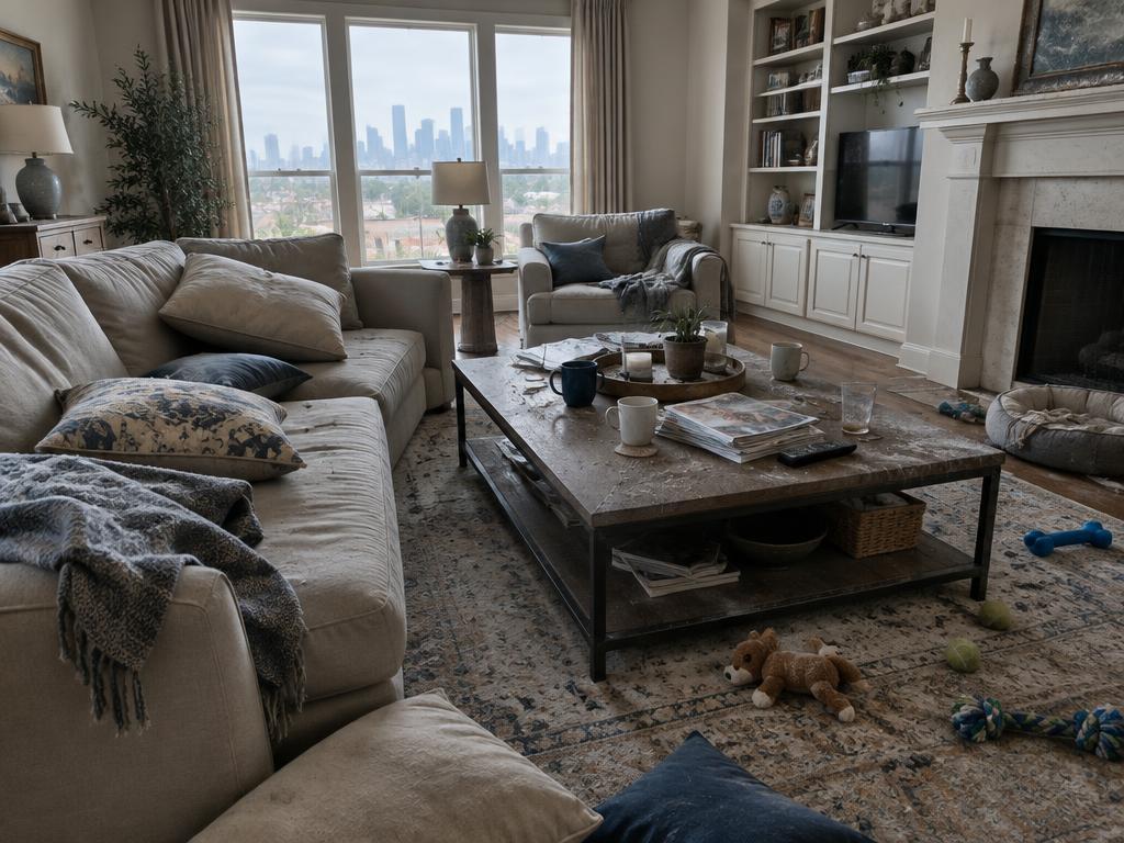 Living room before cleaning, cluttered with toys and dusty surfaces
