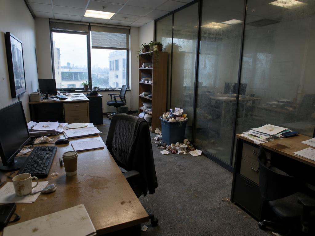 Office before cleaning, dusty desks and overflowing bin