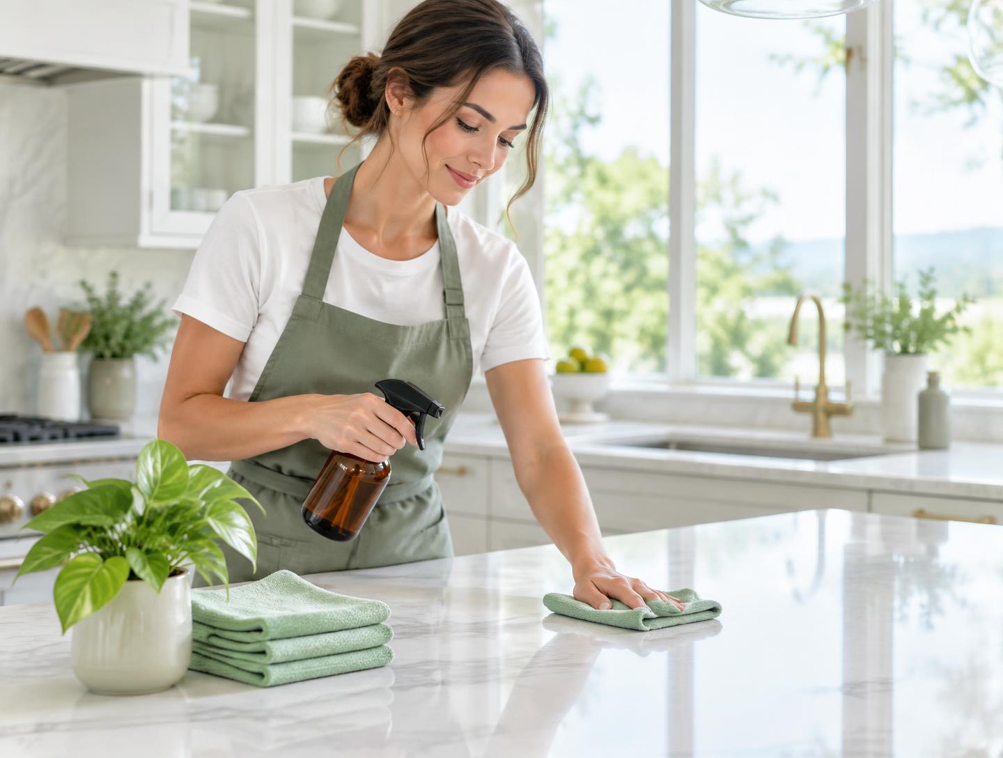 Professional cleaner using eco-friendly products in a bright luxury kitchen